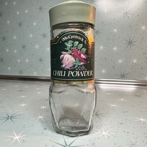 Vintage McCormick Chili Powder Jar Green Label & Lid Glass Spice Bottle Kitchen